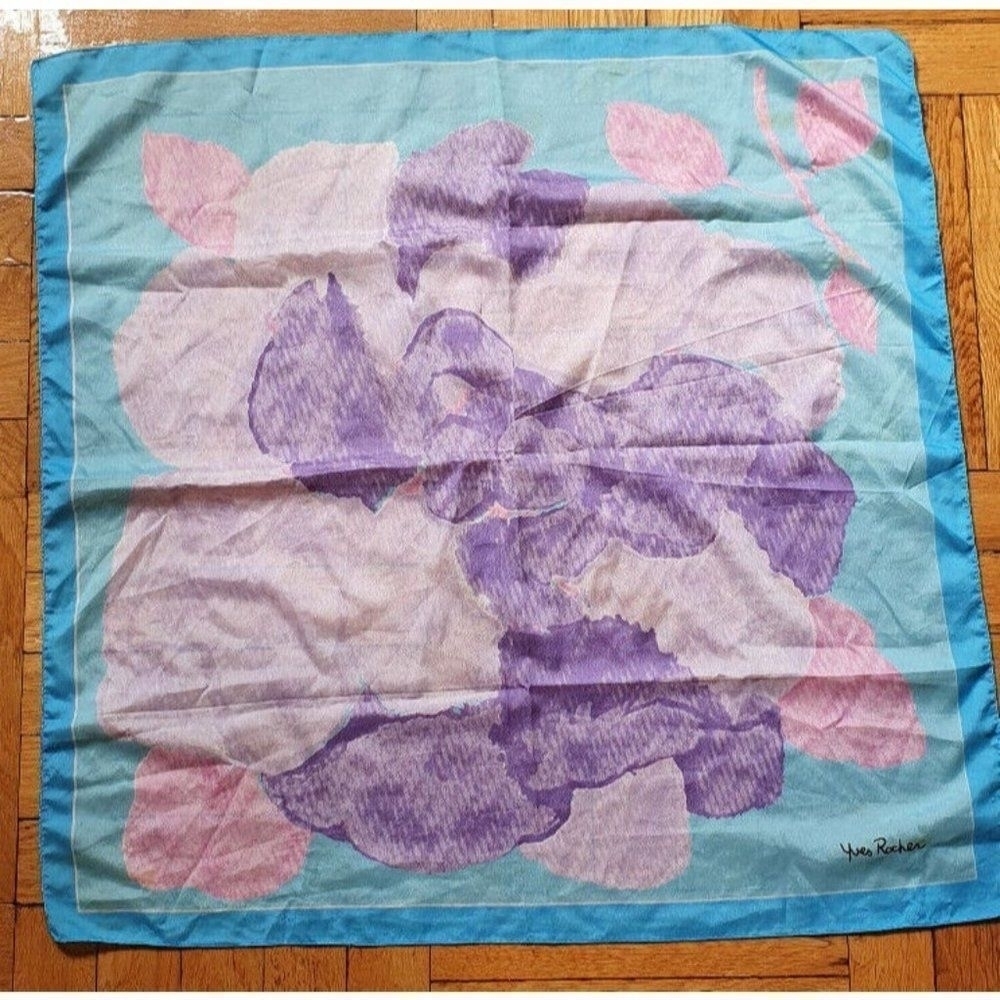 YVES ROCHER Floral Silk Scarf, Vintage Butterfly High Fashion Luxury Shawl-